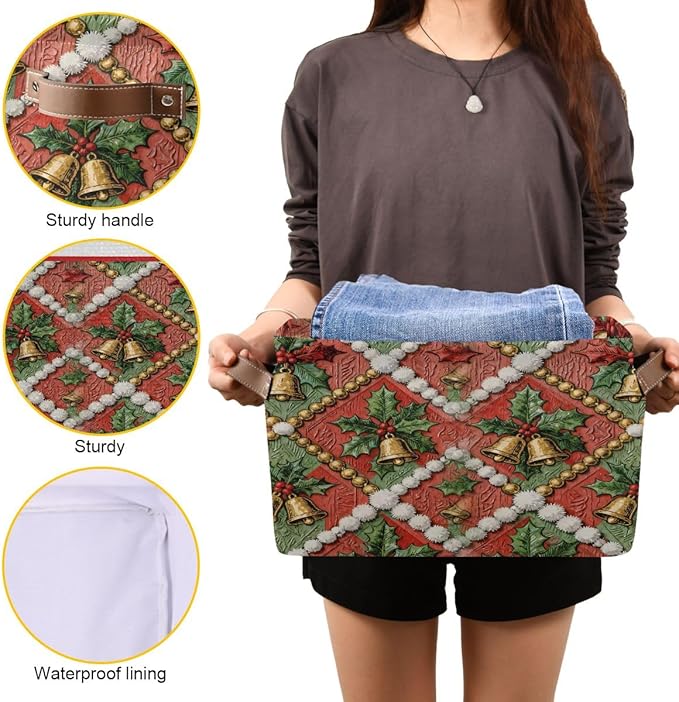 Christmas Storage Basket, Collapsible Canvas Box with Leather Handles, 14.2x10.2x8.3 Inches, Festive Holiday Pattern, Water Resistant, Rectangular Organizer for Bedroom Storage
