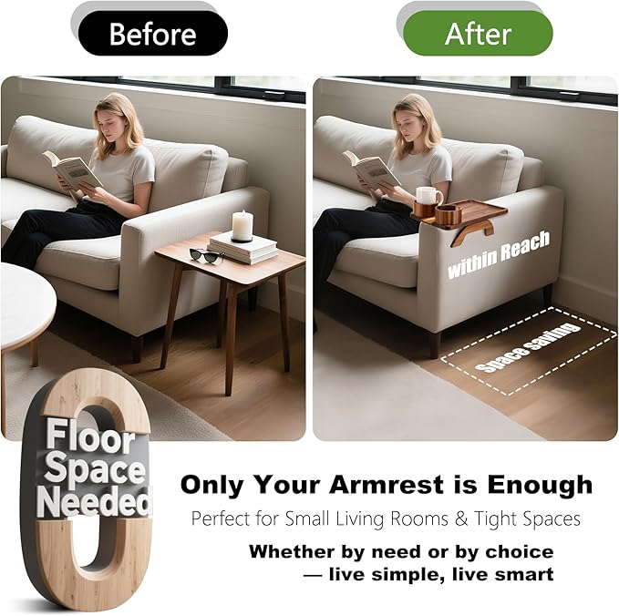 Nnewvante Couch Arm Table with Cheese Board, 4 in 1 Large 15.7"x9.85" Acacia Wood Sofa Arm Clip on Tray with 360 Rotated 2 Cup Holder & Phone Holder & Knife Fork on Armrest