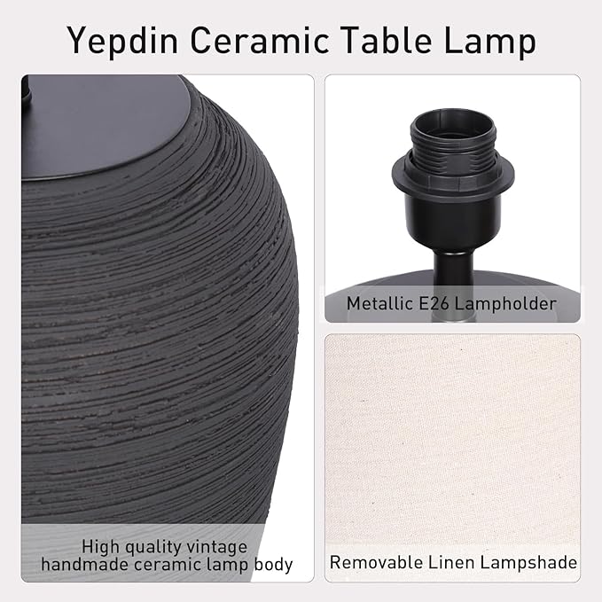 YEPDIN Ceramic Pot Table Lamp 21.25 inch Tall Striped Nightstand Lamp, Tapered Fabric Shade Bedside, Ceramic Decorative for Living Room Bedroom House Office Entryway, TL2