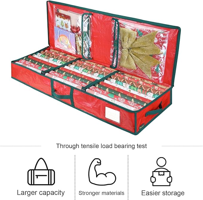 Gift Wrapping Storage Box Christmas Wrapping Paper Storage Bag with Flexible Partitions Pockets Capacity Durable Handle Gift Wrap Organizer