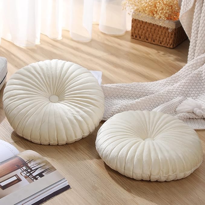 Namalu 2 Pcs Round Throw Pillow 13.8 Inch Decorative Round Velvet Floor Pillows Pumpkin Throw Pillows with Center Button for Thanksgiving Home Decor Living Room Sofa Couch Bed Chair (Cream)