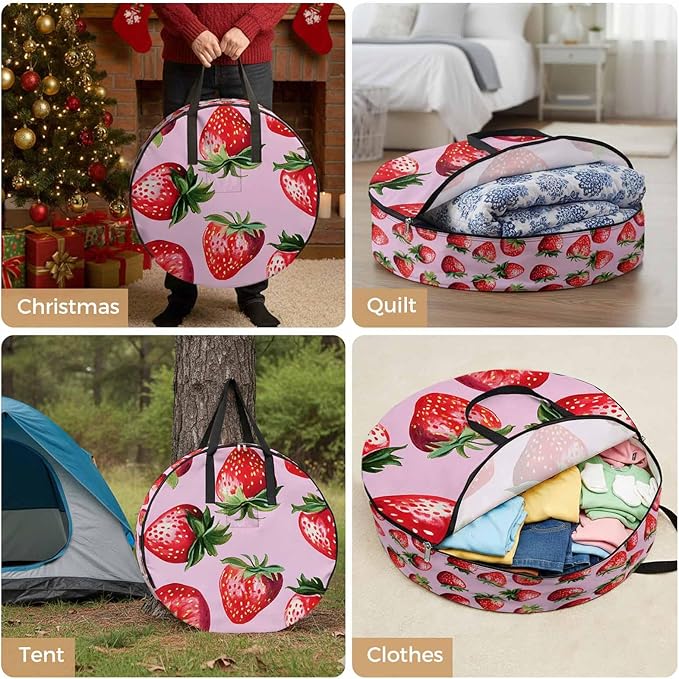 Strawberry Round Storage Bag 24 Inch, Red Plant Fruit Watercolor Pink Background Clothes Storage Container with Handles Heavy Duty Organizer for Comforter, Bedding & Holiday Wreaths