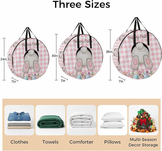 36 Inch Round Storage Bag 1 Pack,Funny Rabbits Butt Colorful Easter Eggs Waterproof Wreath Storage Container with Handles&Zipper Pink White Buffalo Tartan Closet Organizer Bags Garland Box