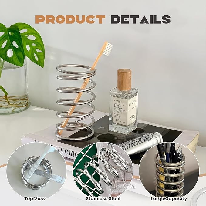 Spring Toothbrush Holder, Stainless Steel Spring Shaped Desktop Toothbrush Holder, Multifunctional Pen Holder Makeup Brush Toothbrush Storage for Bathroom Tabletop Dressing Table and Sink (Silvery)