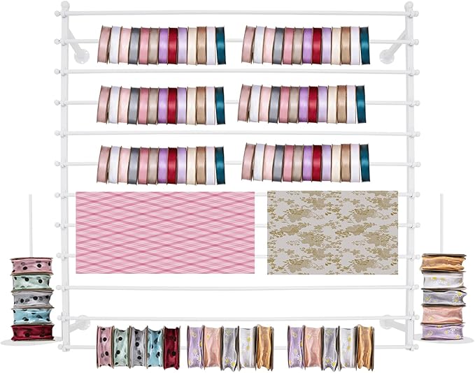 12-Layer Ribbon Holder Organizer Rack Wall Mounted Wrapping Paper Storage Rack Ribbon Dispenser Holder Wrapping Station Display Racks for Craft Room Florist Cake Shop(White)