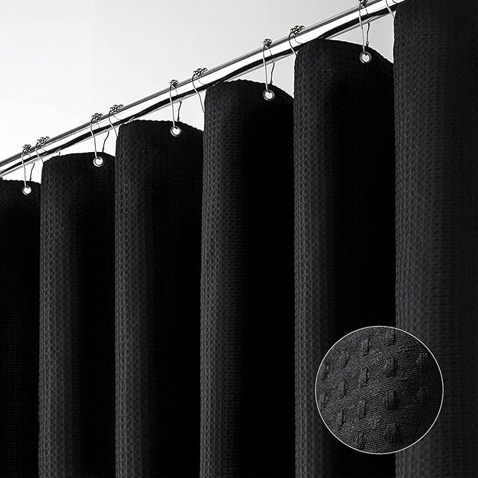 Dynamene Black Fabric Shower Curtain - Waffle Textured Heavy Duty Cloth Curtains for Bathroom, 256GSM Hotel Spa Luxury Weighted Polyester Bath Curtain Set with 12 Plastic Hooks(72Wx72H, Black)