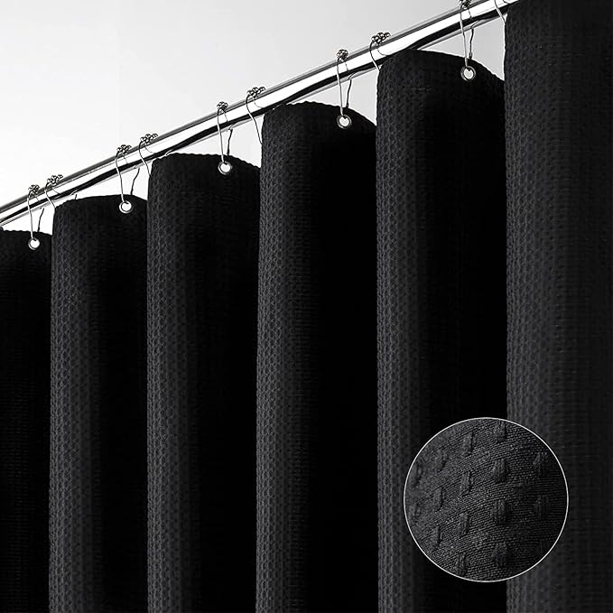 Dynamene Long Black Fabric Shower Curtain - Waffle Textured Tall Heavy Duty Cloth Shower Curtains for Bathroom, 256GSM Large Hotel Spa Luxury Bath Curtain Set with 12 Plastic Hooks(72Wx78H, Black)