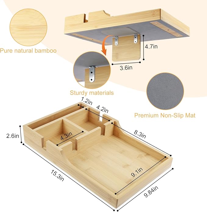 Couch Insert Tray,Bamboo Couch Tray Between Couch Cushions with 4 Compartments2 Cups Holder,Fit Armless Couch/Sectional, 2-in-1 Fold-Flat Tray,for Snacks, Drinks, Remotes,15.35x9.84-inch (Bamboo)