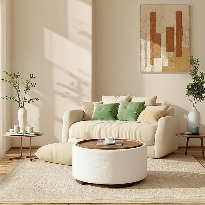 29.5 Inch Round Storage Ottoman Coffee Table,Modern Circle Coffee Table with Storage with Removable Lid Top and Solid Wood Legs,Large Round Ottoman for Bedroom,Living Room,Teddy Fleece,Beige