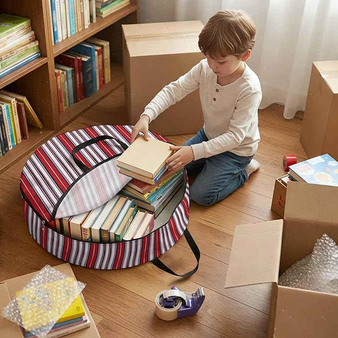 Storage Bag Red Striped Round Storage Totes Bins Closet Organizers with Zippers & Handle Geometric Vertical Stripes Clothes Storage Container for Bedroom Dorm Space Saving Packing Supplies Moving Bags