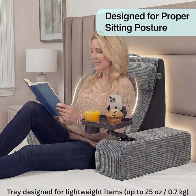 TabCouchCaddy Reading Pillow for Adults – 24” XL Memory Foam Backrest with Detachable Arms, Cup Holder, Phone Caddy & Adjustable Tray Mount | Back Pillow for Bed Sitting Up, Reading, TV & Recovery