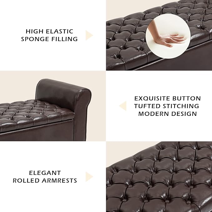 ECOTOUGE Brown Ottoman with Storage for Living Room, Leather Upholstered Bench Footrest, Rolled Arm Foot Stool for Bedroom, Brown