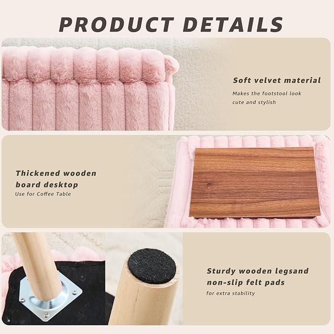Wimarsbon Storage Ottoman,Soft Faux Fur Footstool with Padded Seat, Small Reading Vanity Chair, Footrest with Wood Tray for Couch, Mini Coffee Table or Display Stand (Pink)
