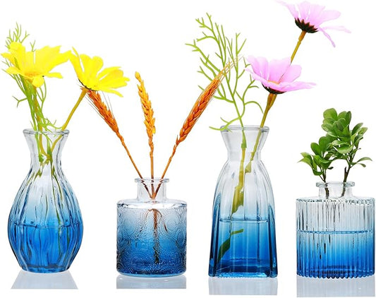 Mapoxy Glass Bud Vases Set of 4,Small Deep Blue Flower Vases for Wedding Centerpiece Table Decorations,Clear Vintage Embossed Mini Vases,Flower Arrangements in Vases for Party or Home Decor