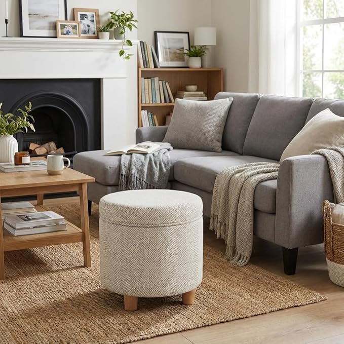Homepop Home Decor | Upholstered Round Storage Ottoman | Ottoman with Storage for Living Room & Bedroom, Cream Chevron Woven