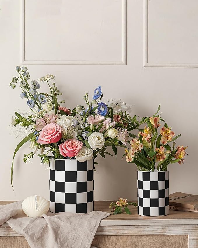 Checkered Kitchen Utensil Holder - 7.1"+5.8" Ceramic Utensil Crock for Countertop, Kitchen Decor and Accessories for counte (Black)
