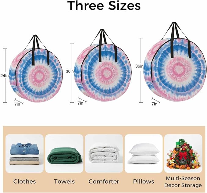 Storage Bag Blue Pink Tie Dye Round Storage Totes Bins Closet Organizers with Zippers & Handle Bohemian Tribal Style Clothes Storage Container for Bedroom Dorm Space Saving Packing Supplies Bags