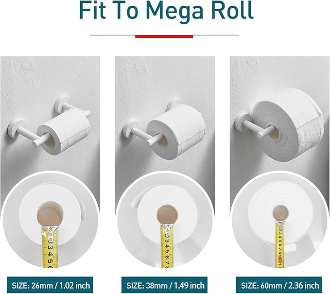 POKIM White Toilet Paper Holder, Stainless Steel Double Post Pivoting Wall Mount Holder, Fits Mega Large/Jumbo Rolls, Commercial Bathroom Tissue Dispenser for Home & Commercial Use