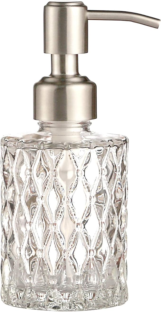 YunNasi Soap Dispenser with Stainless Steel Pump, Clear Crystal Design, Vintage and Elegant, Refillable Liquid Hand Soap Dish Soap Dispensers for Bathroom Counter, Kitchen Sink (Style2)
