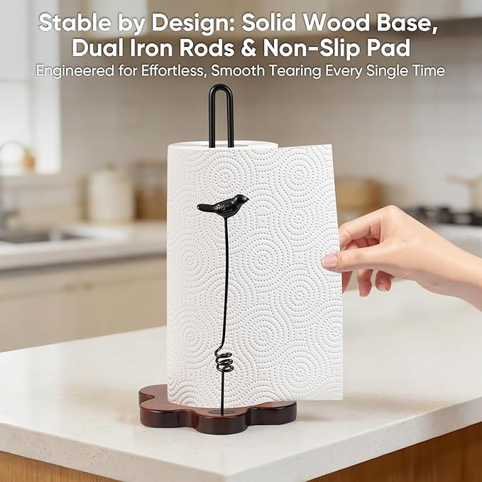 Wood Paper Towel Holder Countertop,Flower Shaped Wood Base with Decorative Spring-Loaded Iron Bird Accent,Dual Iron Rods,Non-Slip Pads,Stable for Kitchen,Dining Room&Home Decor