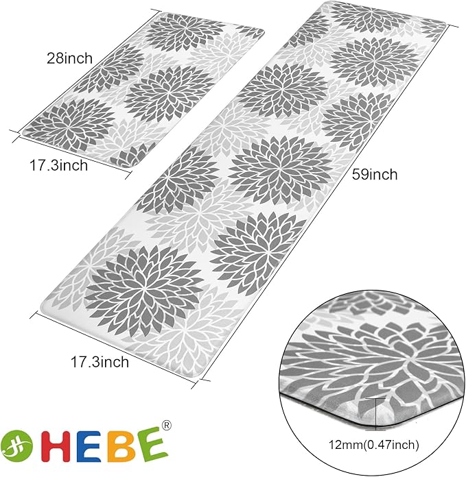 HEBE Anti Fatigue Kitchen Rugs Sets of 2, Non Slip Kitchen Mats for Floor, Waterproof Cushioned Comfort Standing Carpet for Kitchen Sink, Home Office, Laundry Room, Gray