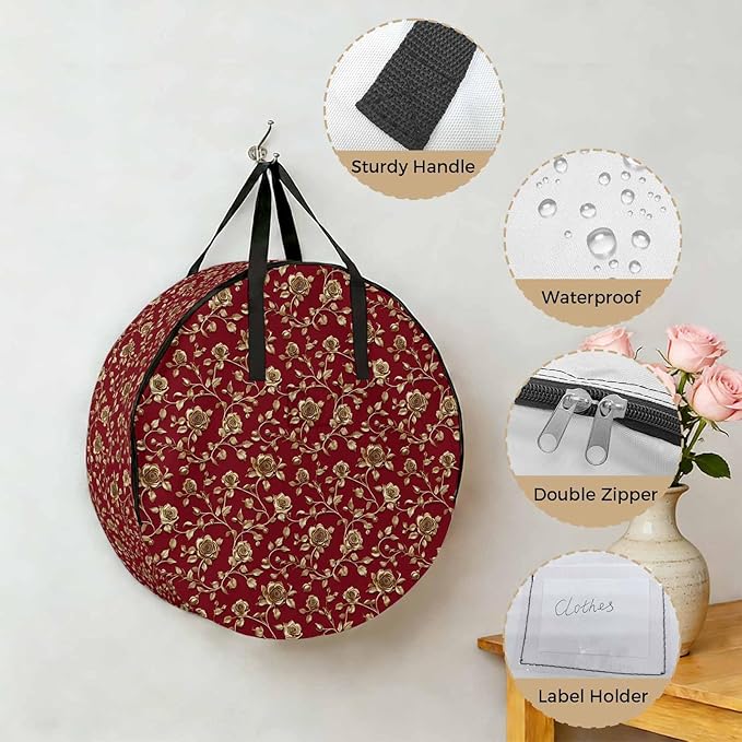 Yellow Roses Round Storage Bag 36 Inch, Christmas Xmas Red Background Clothes Storage Container with Handles Heavy Duty Organizer for Comforter, Bedding & Holiday Wreaths