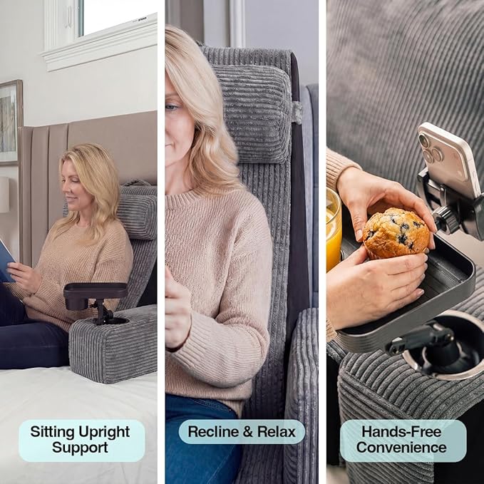TabCouchCaddy Reading Pillow for Adults – 24” XL Memory Foam Backrest with Detachable Arms, Cup Holder, Phone Caddy & Adjustable Tray Mount | Back Pillow for Bed Sitting Up, Reading, TV & Recovery