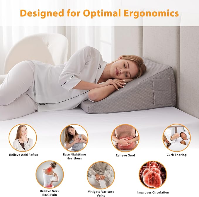 Ruqmuis Wedge Pillow for Sleeping, 12" Bed Wedges Pillow for Headboard, Triangle Incline Wedge for Acid Reflux, Pillows Wedge for Back Pain Relief, Elevated Leg Pillow After Surgery, Snoring, Grey