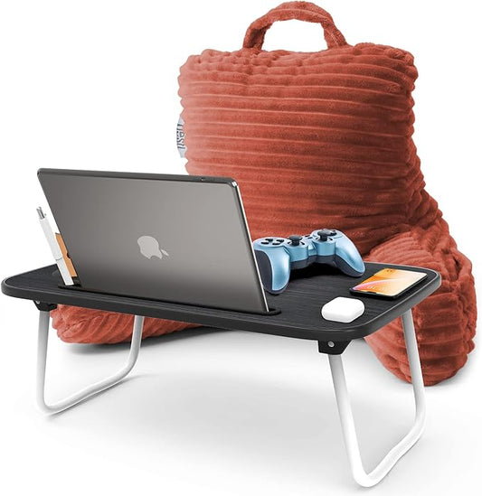 Nestl Misty Rose Reading Pillow with Bed Desk for Laptop and Writing, Luxe Cut Plush Back Pillow for Sitting Up, Back and Arms Adjustable Support for Kids and Teens, Foldable Lap Desk for Bed 19x11”