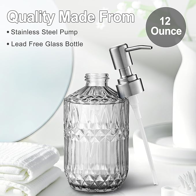 Kaishun 13 Oz Refillable Soap Dispenser, Glass Soap Dispenser for Dispense Hand Soap, Dish Soap, Lotion 2pack (Clear)