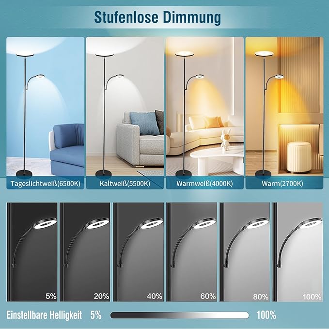 2025 Floor Lamp, 42W 4200LM Torchiere LED Lamp for Living Room, Stepless Dimming Floor Lamps with Remote Control, 2700K-6500K Color, 70" Tall Standing Lamp with Reading Light for Bedroom, Off-black