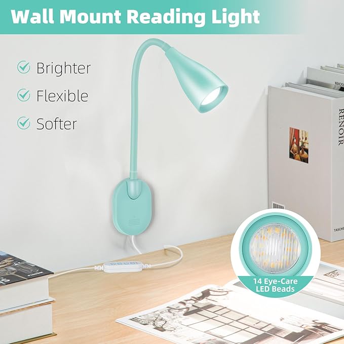 LiFMIRA Wall-Mounted LED Bedside Reading Light with USB Charging Port, 10-Level Dimmable & Adjustable 5 Color, Plug-in Adhesive Night Lamp for Books in Bed, Eye-Caring Bedroom Lighting (Teal)