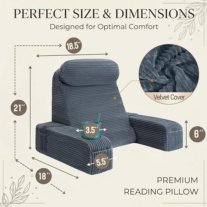 AS AWESLING Reading Pillow for Adults, Back Pillow for Bed Sitting Up, Backrest Pillow for Sitting in Bed, Detachable Arms with Built-in Cup & Phone Caddy (Dark Gray-Corduroy, 21 INCH)