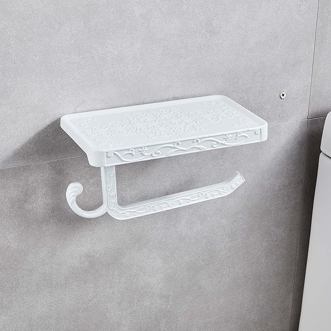 Vintage Carved Floral Toilet Paper Holder with Shelf - Crisp White Aluminum Bathroom Organizer, Wall Mounted Decorative Roll Holder for Bathroom/Vanity (7.24" Phone Shelf, Rust-Proof Finish)