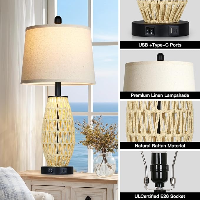 CINSARY 27“ Beige Boho Rattan Table Lamps with Night Light, Natural Bedroom Lamps Set of 2 with USB A+C Charging Ports, Rustic Farmhouse Woven Wicker Bedside Nightstand Lamp for Living Room End Tab