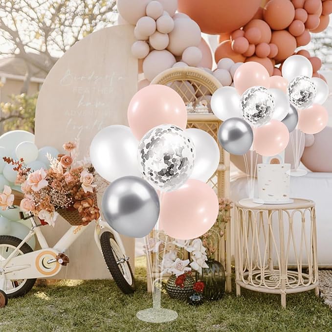 ZJDHPTY Pink and Silver Balloon Stand Centerpiece Table Decorations for Baby Shower Wedding Engagement Bridal Shower Anniversary Mother's Day Birthday Party Decorations(Pink silver set4)