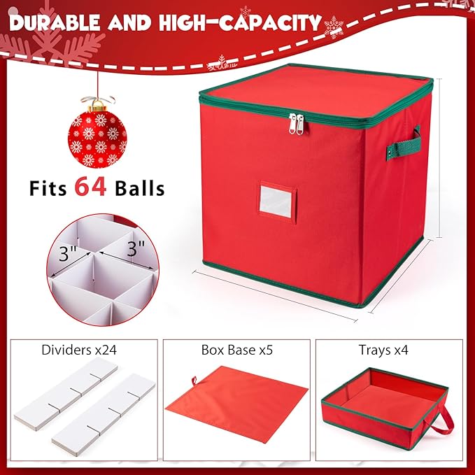 Christmas Ornament Storage Box with 4 Trays, Holiday Decor Storage Organizer for 64 Balls, Zippered Oxford Fabric Bin with Adjustable Dividers & Removable Compartments