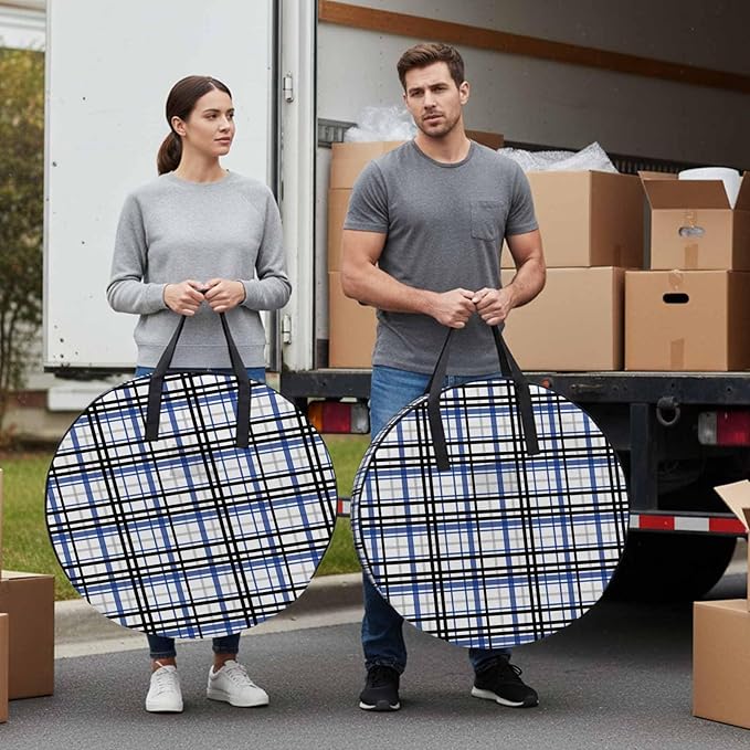 Storage Bag Blue Black Buffalo Plaid Round Storage Totes Bins Closet Organizers with Zippers & Handle Check Stripe Clothes Storage Container for Bedroom Dorm Space Saving Packing Supplies Moving Bags