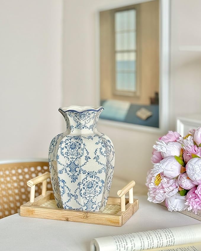 Vintage Blue Ceramic Vase, Blue and White Porcelain Decorative Flower Vase for Centerpiece Living Room Table Shelf, Chinoiserie French Country Decor