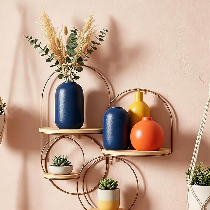 Colorful Ceramic Vase Set, Small Burnt Orange Blue Yellow Vases Home Decor,Fall Décor Modern Farmhouse Vases for Home Decor, Organic Decor Accents for Living Room, Table, Shelf, Entryway, Set of 3