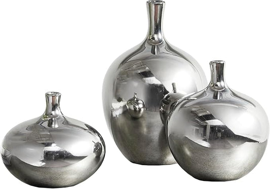 Madison Park Signature Ansen Ceramic Handmade Vase Set Home Décor - Metallic Accent Living Room Decoration Ideal for Shelf, Side Table, Mantle Ornaments, Multi Size, Silver 3 Piece