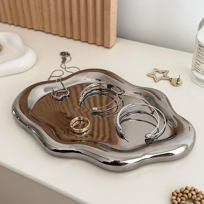Jewelry Tray for Women, Cloud Shape Ceramic Trinket Dish, Jewelry Organizer Storage Holder for Ring Earring Bracelet Necklace, Make Up Organizer (White) (Silver)