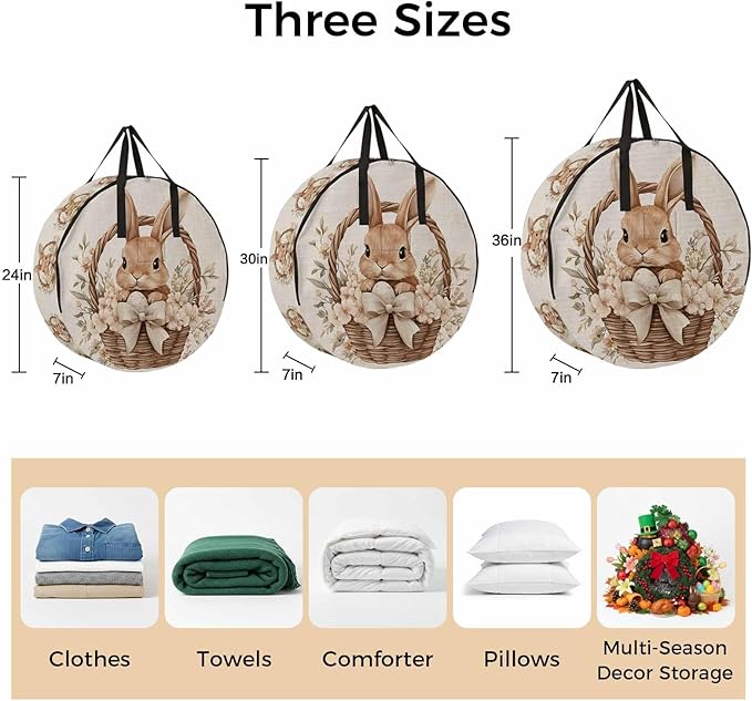 30 Inch Round Storage Bag 1 Pack,Easter Rabbit Basket on Vintage Linen Waterproof Wreath Storage Container with Handles&Zipper Spring Flower Bow Closet Organizer Bags Garland Box