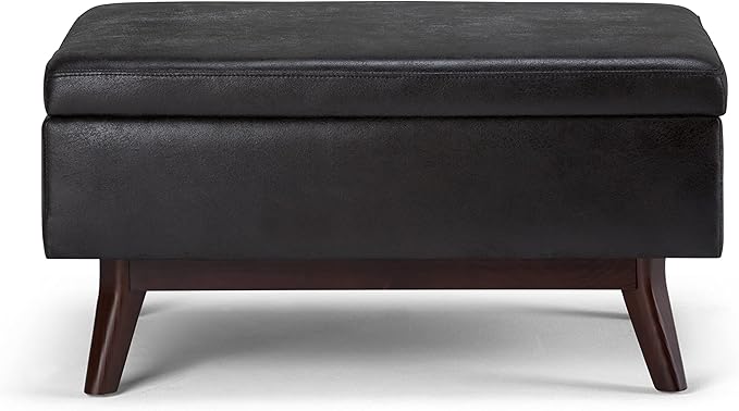 SIMPLIHOME Owen Coffee Table Storage Ottoman - 34" Wide x 19" High Upholstered Vegan Leather Rectangular Lift-Top Ottoman in Distressed Black, Mid-Century Bench for Living Room with Tapered Legs