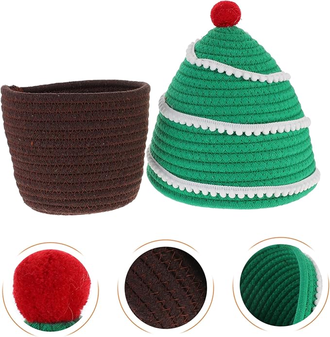 Cabilock Cartoon Christmas Tree Decorative Rope Woven Storage Basket Lid for Organizing Toys Snacks and Cosmetics Holiday Home