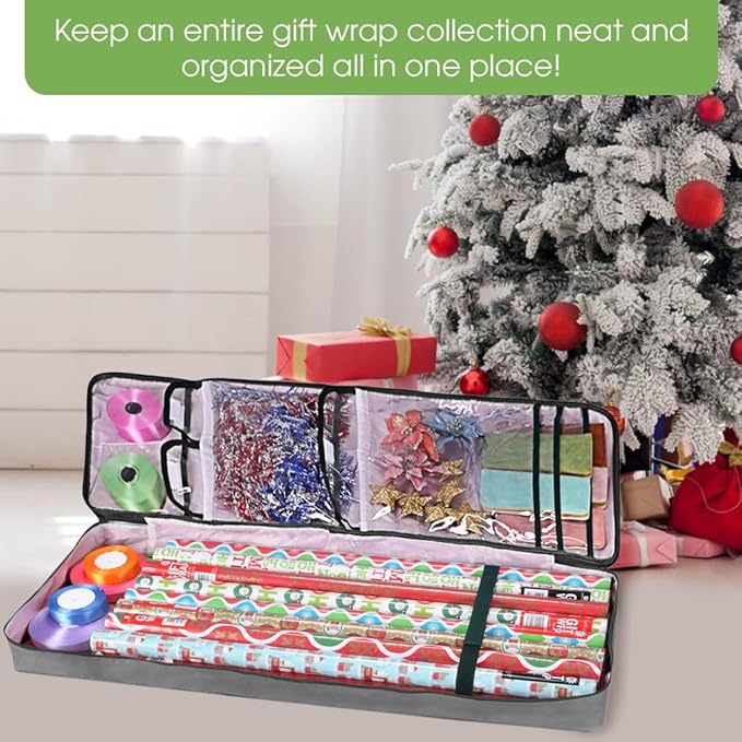 Primode Christmas Wrapping Paper Storage Bag with Pockets | Gift Wrap Organizer Container | 37” x 14” x 4” | Underbed Durable Box Made of 600D Oxford Material (Gray)
