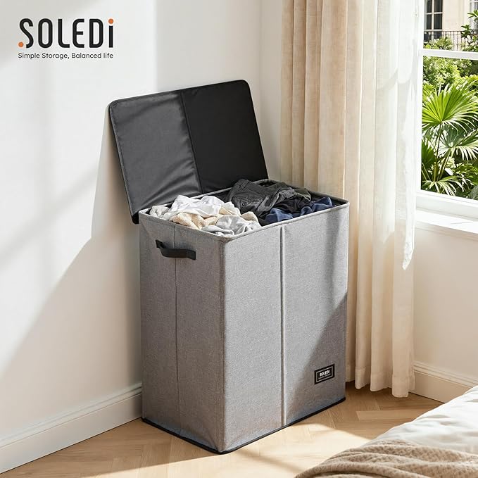 SOLEDI Double Laundry Hamper with Lid and Removable bag, Large Laundry Basket 2 Section with handles, Collapsible Dirty Clothes Hampers for Laundry, Bedroom, Dorm, College