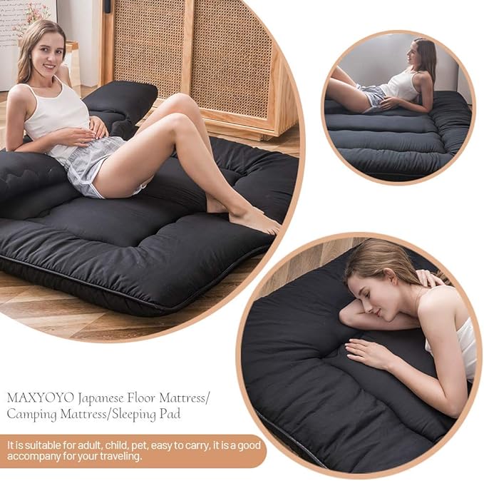 MAXYOYO Japanese Floor Mattress Futon Mattress, 4" Thicken Tatami Mat Sleeping Pad Foldable Roll Up Mat Boys Girls Dormitory Pad Kids Floor Lounger, Black, Twin Size