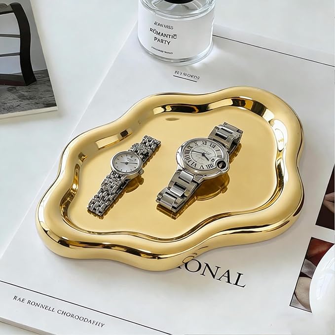 Jewelry Tray for Women, Cloud Shape Ceramic Trinket Dish, Jewelry Organizer Storage Holder for Ring Earring Bracelet Necklace, Make Up Organizer (White) (Gold)
