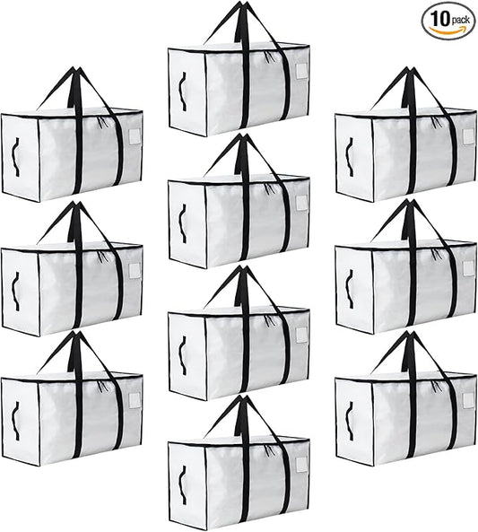 Moving Bags Heavy Duty Extra Large, Moving Boxes, Moving Supplies Essentials, Blue Storage Bins with Lids, Plastic Packing Totes, Storage Bags for Clothes with Handles & Zippers(White, 10 Pack)